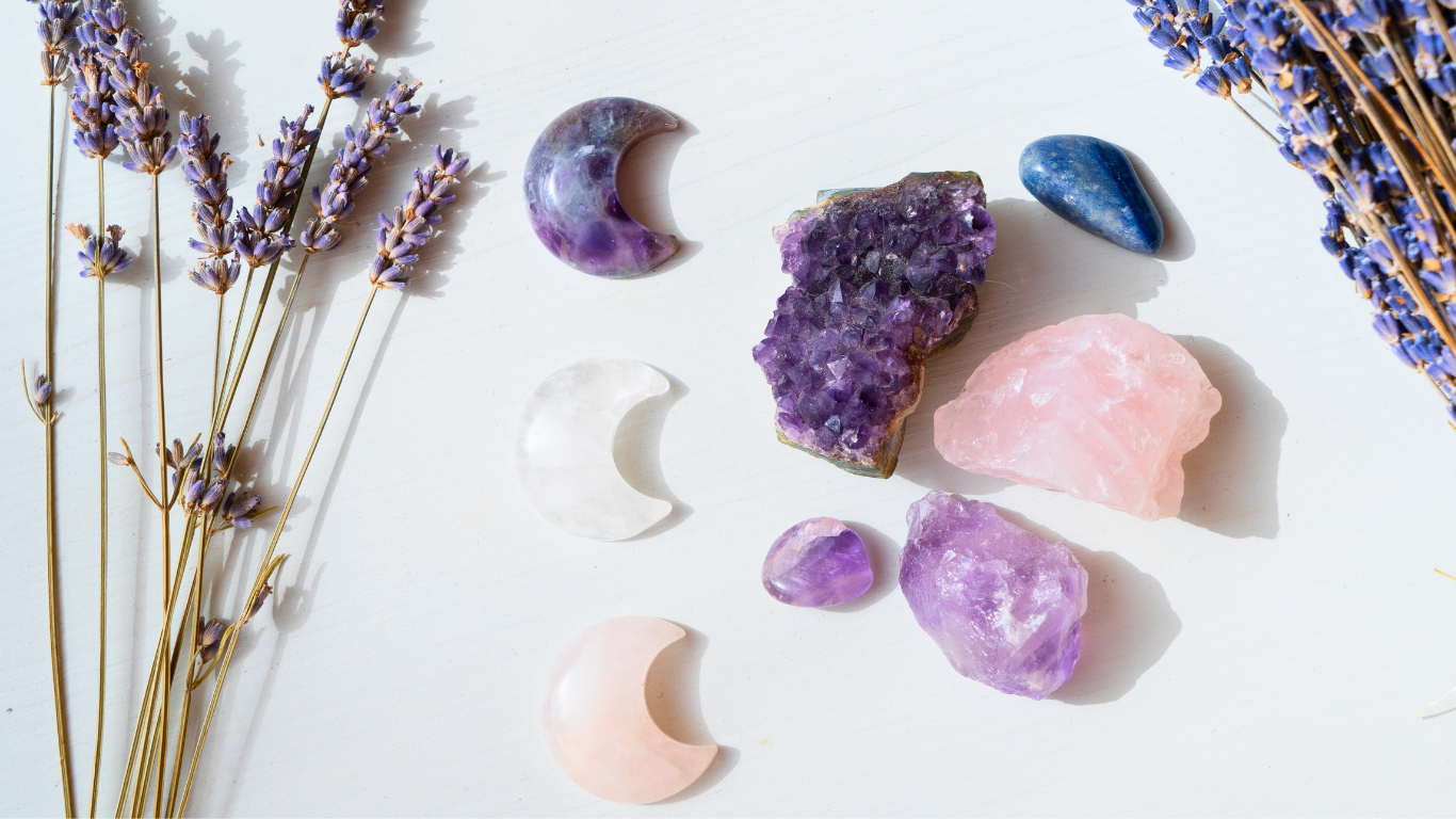 Crystals, lavender and moon stones — the tools used in your free distance Reiki session